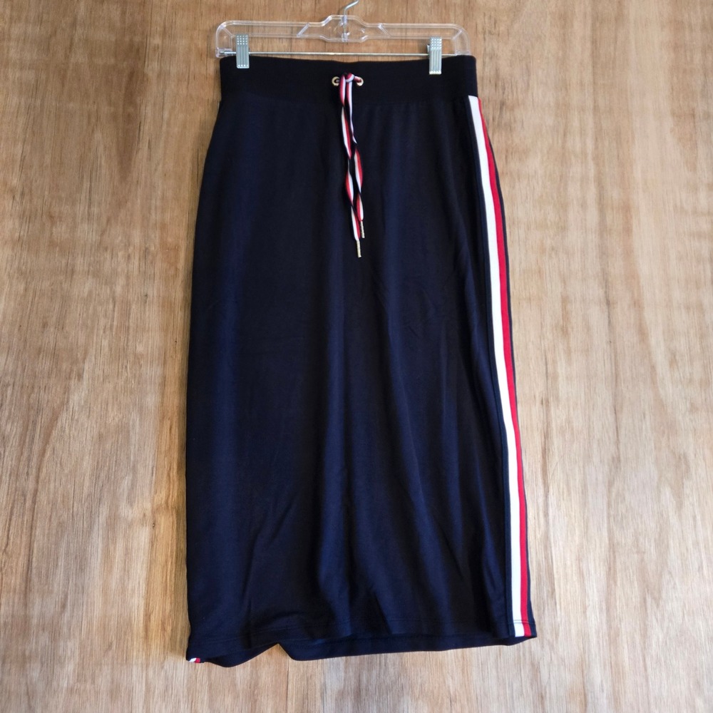 Tommy Hilfiger Women Track Skirt Small Navy Blue Drawstring Midi Side Stripe
